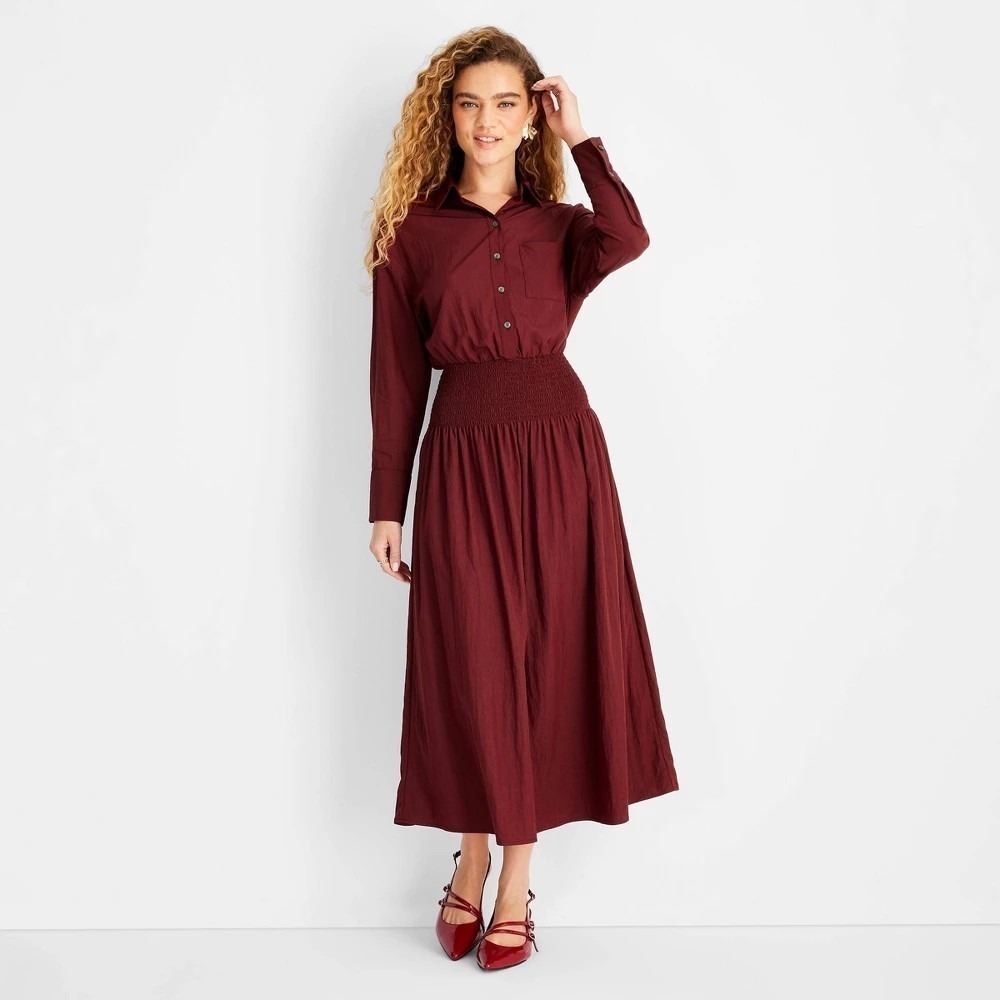 Future Collective Burgundy Shirt Dress Long‎ Sleeve Collared NWT